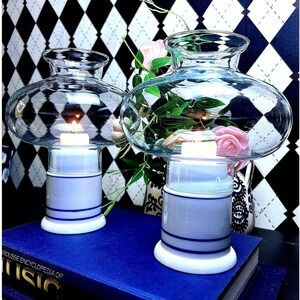 Large‎ Vintage Dansk Hurricane Candleholder Lamp Pair Blue White Coastal